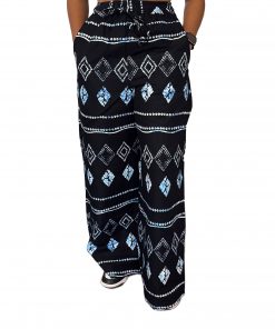 Pantalon africain femme noir à motifs bleus – Style chic et décontracté